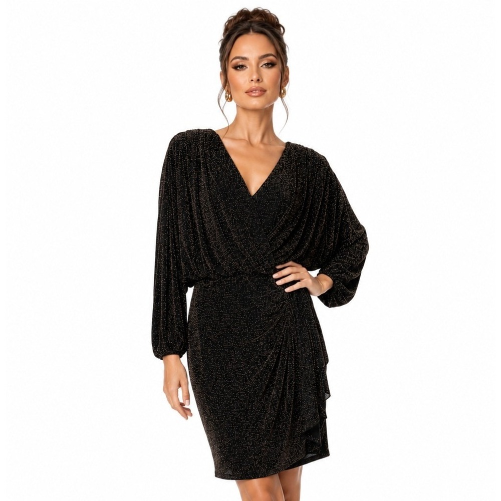 Calvin Klein Womens Black Gold Metallic Shimmer‎ Dolman Sleeve Dress NWT